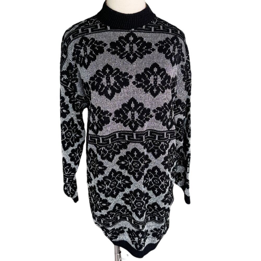 Laura Tyler vintage mock neck tunic sweater silver metallic black size 2X